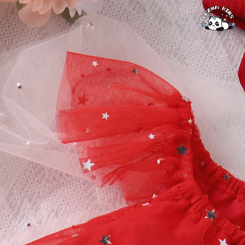 LEZONKIDS - High Quality Flying Sleeves Sequined Red Princess Dresses Tulle Girls Dress for 2-14T Children
